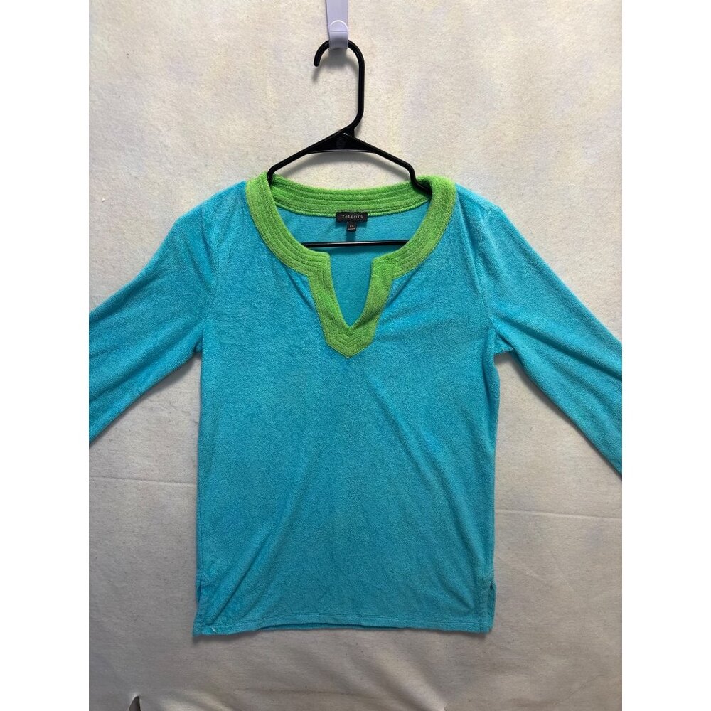 Talbots Womens XS Blue & Green Terrycloth V-Neck Long Sleeve Top